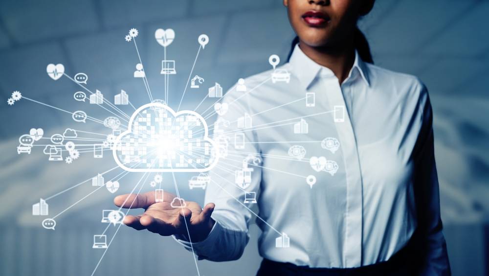 A woman holds a graphic representation of a cloud ERP solution.