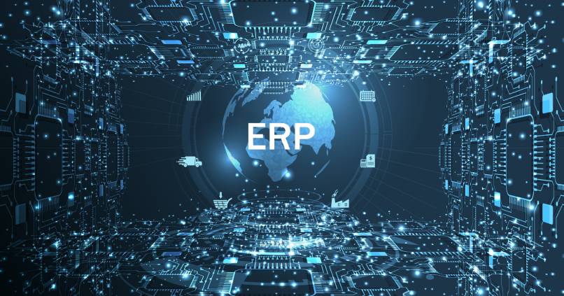 The words ERP superimposed over a black and light blue globe and digital environment.