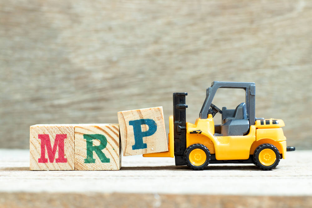 A forklift carrying the letters MRP