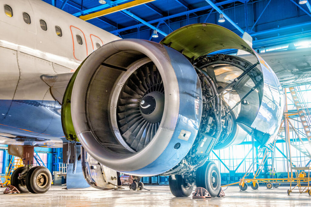 A jet engine opened up and being worked on