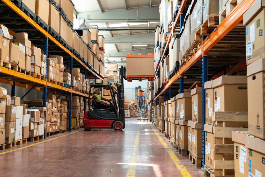 A forklift in a warehouse.