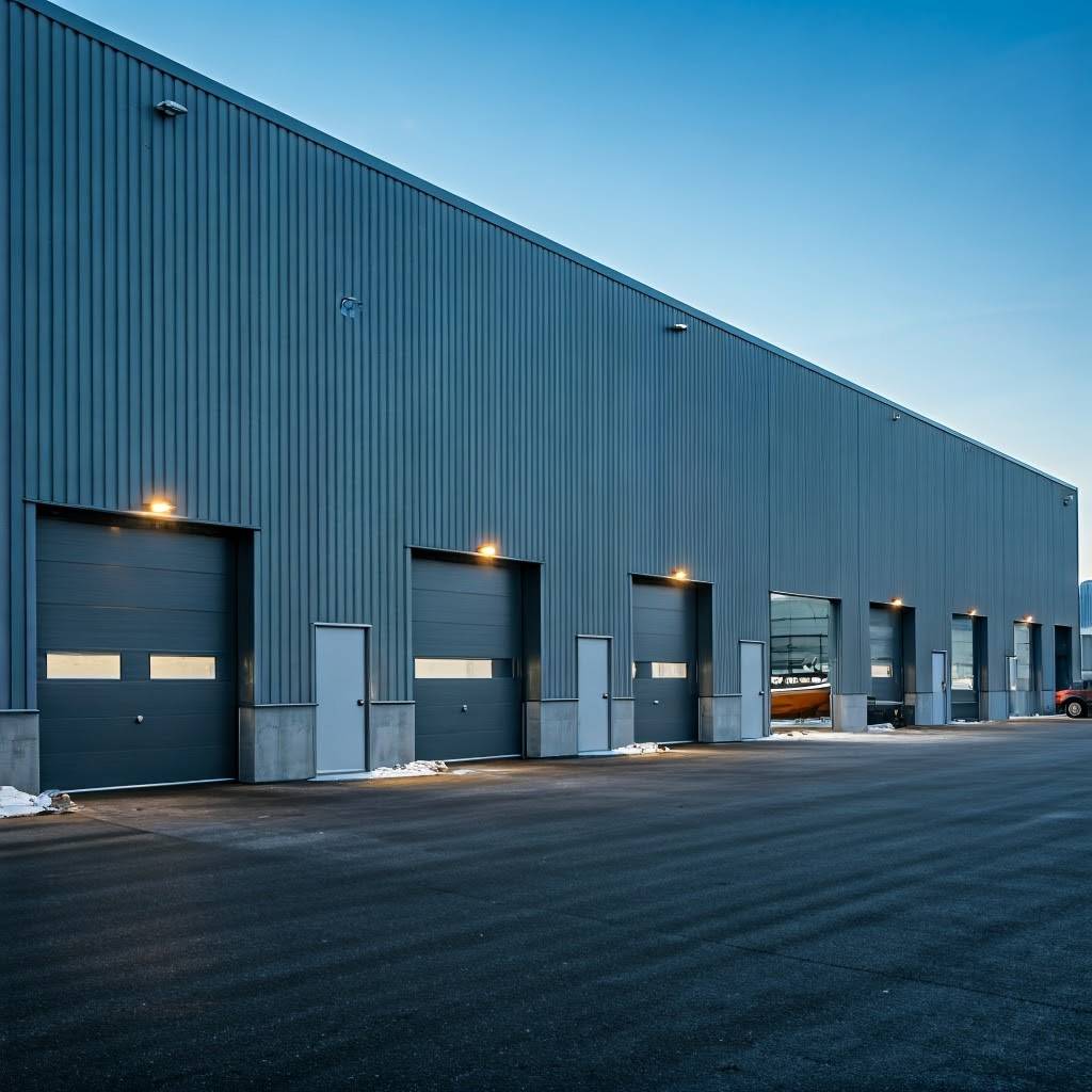 The exterior of a warehouse, with loading bays.