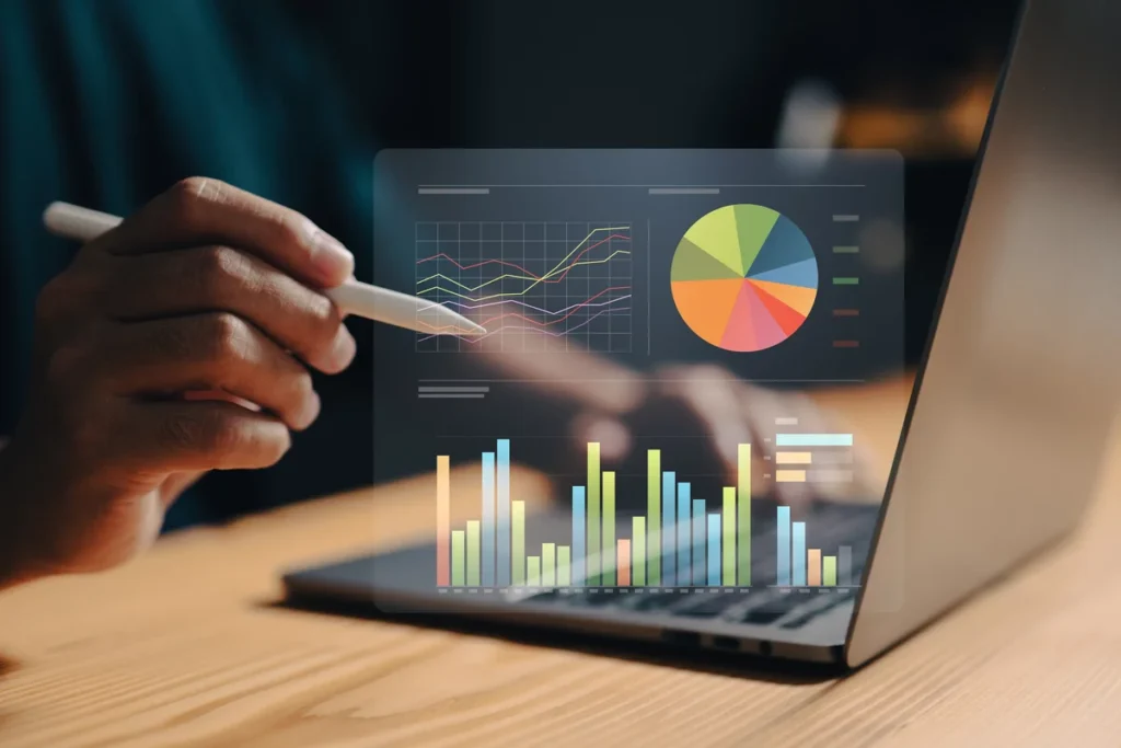 A visualization of data analytics on a laptop.