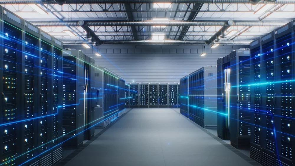 A server room with glowing blue lights.