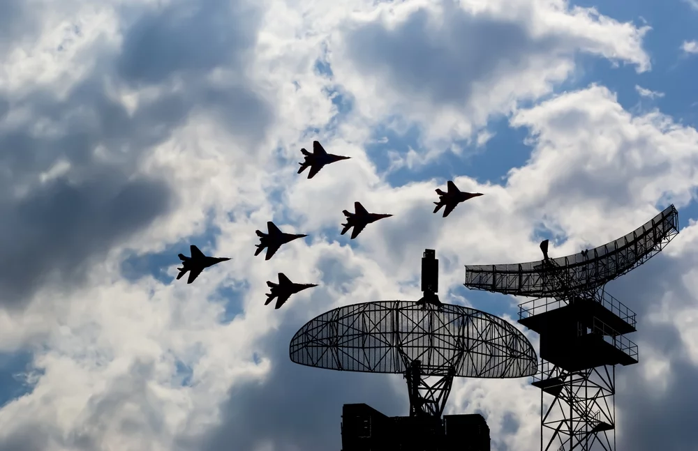 Jets flying past a radar array.