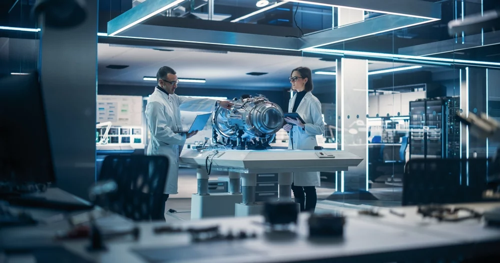 Two aerospace engineers working in a lab.