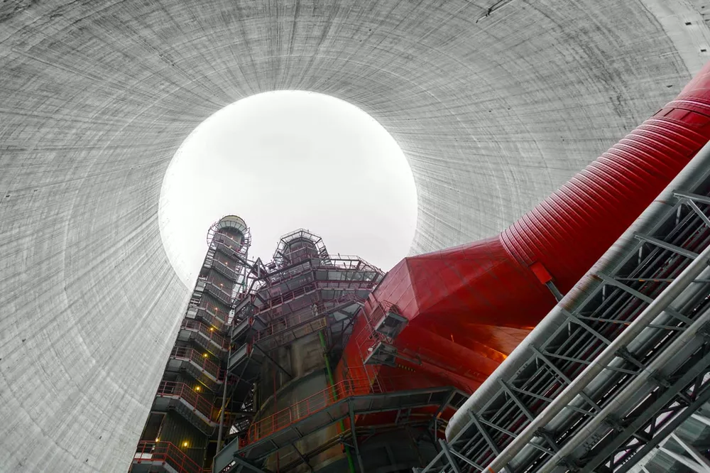 The inside of a cooling tower, looking up